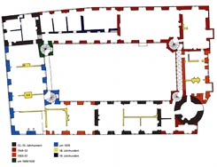 Erd- bzw. Obergeschoss mit Eintrag der Bauphasen. Aus: Gromann, Detmold (2002).