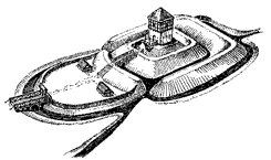  Pausborg, Rekonstruktionsversuch nach den Ergebnissen der Aufmessung aus Heselhaus, Raum Borken (1972), S. 40 (Original bei der Westflischen Altertumskommission)