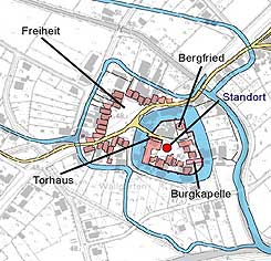 Rekonstruktion des Burggrundrisses nach einer Karte von 1786 (Stadtarchiv Dlmen)