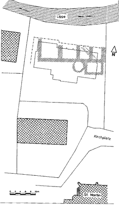 Die ergrabenen Mauern des Haxthauser Hofs von 1595, schraffiert dargestellt (aus Ellger 2007, S. 176)