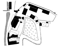 Plan vom ehemaligen Haus Bren (gestrichelt) (aus BuK Bren 1926, S. 85)