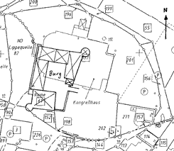 Die Gebude der Burg Lippspringe um 1600 in das heutige Kataster projeziert (aus Hagemann 1995, S. 221)