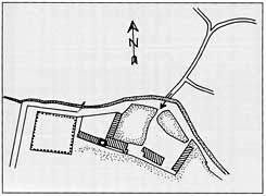 Wlfrath-Aprath, Kr. Mettmann, Lageskizze von Aprath mit dem in sdstlicher Richtung vorgelagertem Bauhof 1816 nach der Urkarte (V Abteilung) der Gemeinde Oberdssel aufgenommen und gefertigt. Der Turm ist besonders kenntlich gemacht (nach Nieske a. a. O. Abb. S. 26). 