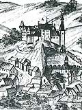 Historische Ansicht (Mylau um 1725, lteste Stadtansicht Ausschnitt), aus: Peter Beyer, Burg Mylau im schsichen Vogtland, Reichenbach 1996