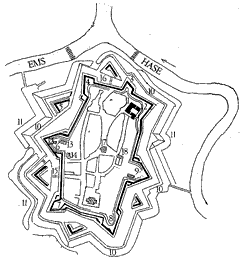  Die Festung Meppen mit der Paulsburg im Nordosten (aus Warnecke, S. 35)