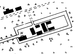  Plan von Haus Arenshorst. H = Herrenhaus, K = Kirche (aus Warnecke 1985, S. 194