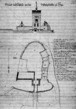 Grundriss und Ansicht von Schloss Hoya 1744 (aus Hucker 2000, S. 35)