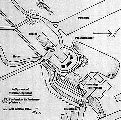 Plan des Burgplatzes mit den Fundorten von Pfahlgrndungen (aus Bergann 2013, S. 21)