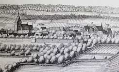 Lage in der Stadt, Kupferstich der Anlage von Merian aus dem Jahre 1653