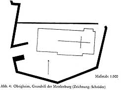 Obrigheim, Plan von Burgresten mit Kirche, Zeichnung Thomas Steinmetz