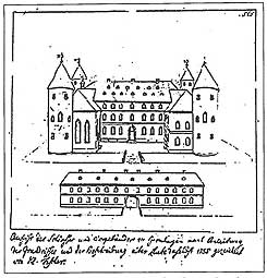 Ansicht von Schloss Grnhagen 1785 (aus Klaus Wedekind, Bienenbttel mit Stift und Feder, in Heimatkalender Uelzen 2017, S. 84).