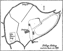 Lageskizze der Alten Burg von 1772 (aus Mittelhuser 1941, S. 200)