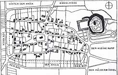 Plan des Dorfes und Gutes Rosenthal nach der Verkoppelungskarte von 1855/56 mit dem Ringgraben der Kernburg und vom  Gutswirschaftshof abgeschnittenen Grabenansatz der ehem. Vorburg. Umzeichnung aus: Kunstdenkmale Kreis Peine 1938 (1980)