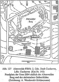 Grundriss der Burg bei Altenwalde mit schsischem Grberfeld im Umfeld (aus: Nachrichten aus Niedersachsens Urgeschichte. Beiheft 11. Fundchronik 2004  [2005], Abb. 127 [Zeichnung: A. Wendowski-Schnemann]).