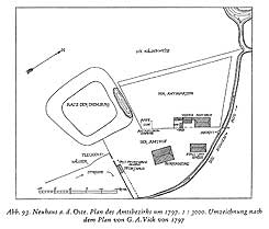 Plan des Amtsbezirk von Neuhaus a. d. Oste um 1797 nach einem Plan von G. A. Vick. 1 : 3000 (aus:  Die Kunstdenkmale des Kreises Land Hadeln und der Stadt Cuxhaven, bearb. v. O. Kieker/W. Lenz/H. Rther [Die Kunstdenkmale des Landes Niedersachsens 30/1], Stade 1956, S. 215 Abb. 93).