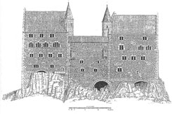 Rekonstruktionsversuch der Oberburg kurz vor ihrer Zerstrung 1689, Sdansicht. Links das Vordere Haus, rechts das Hintere Haus. M. Hesselbacher, 1963; aus: Wagner, Oberrhein (2003)