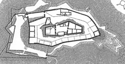 Geroldseck, historischer Grundriss der Burganlage von 1693 mit Bastion, Vorburg und Hauptburg; aus: Wagner, Oberrhein (2003)