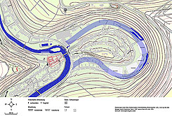 Planskizze nach Geo-Portal Baden-Wrttemberg (Datenquelle: LGL, www.lgl-bw.de), Christoph Timm (1997) und Dietrich Lutz (1991), Burg Weienstein mittig, links die Schildmauer (sog. Burg Krheneck) und nrdlich der alten Fluss-Schlinge die Burg Hoheneck, Entwurf: Christoph Engels