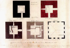 Grundrisse der Etagen, aus: Zeichnung des Babenhauser Kunstmalers Johann Nepomuk Fahrenschon, die er 1878 mit Vermessungsdaten vom sog. 'Rmerturm' gemacht hat. (D. Spindler)